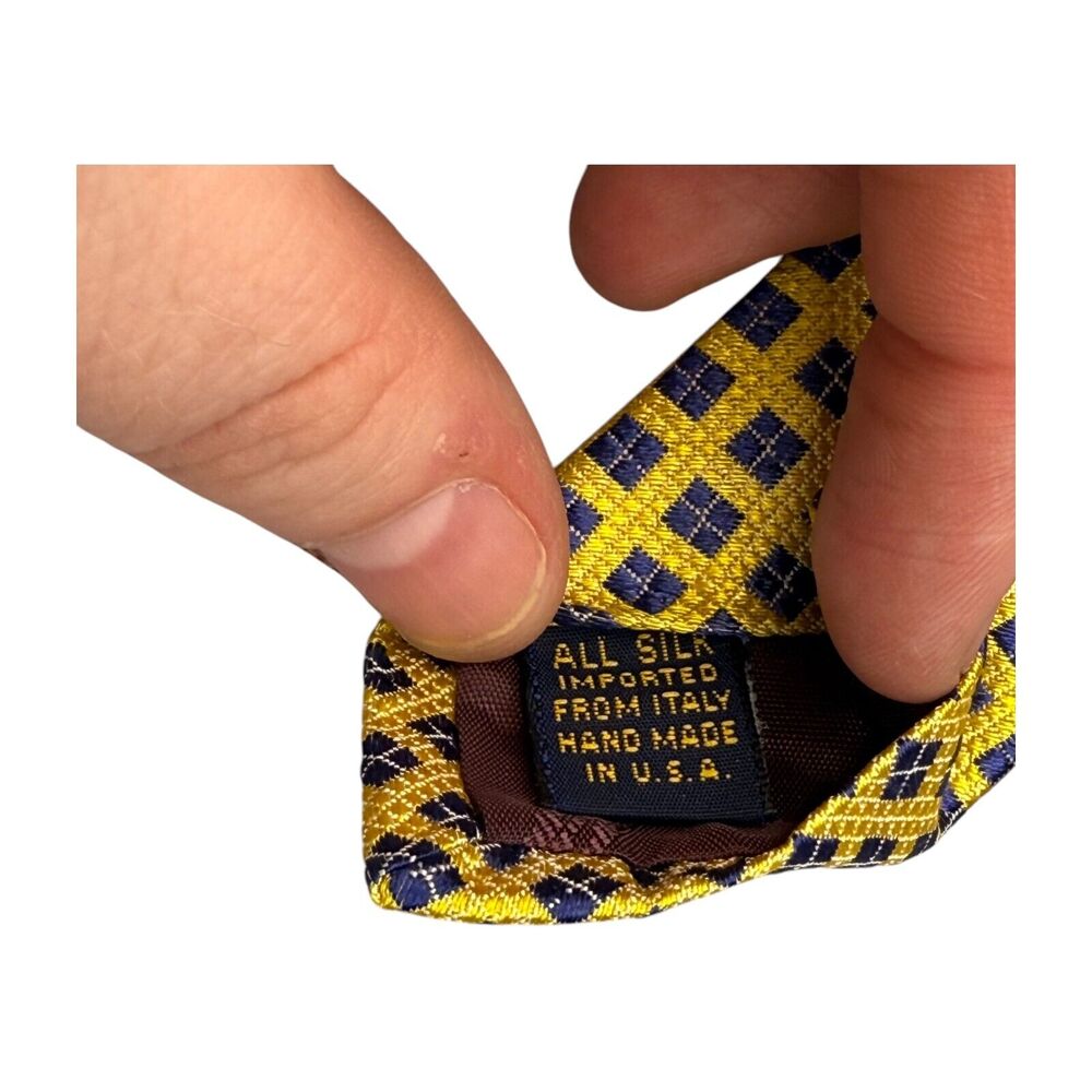 XMI Platinum Mens Necktie 100% Silk Yellow & Navy Checkerboard 30" Length Formal - Picture 4 of 8